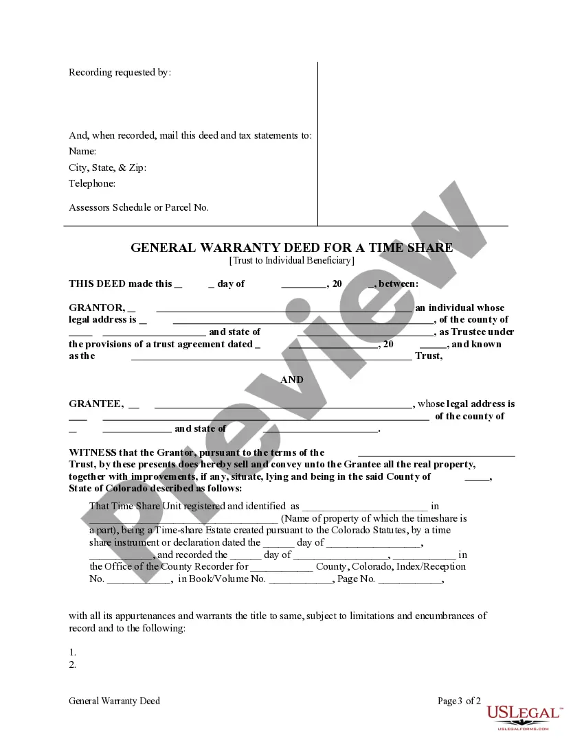 Preview General Warranty Deed for a Time Share from a Trust to an Individual Beneficiary