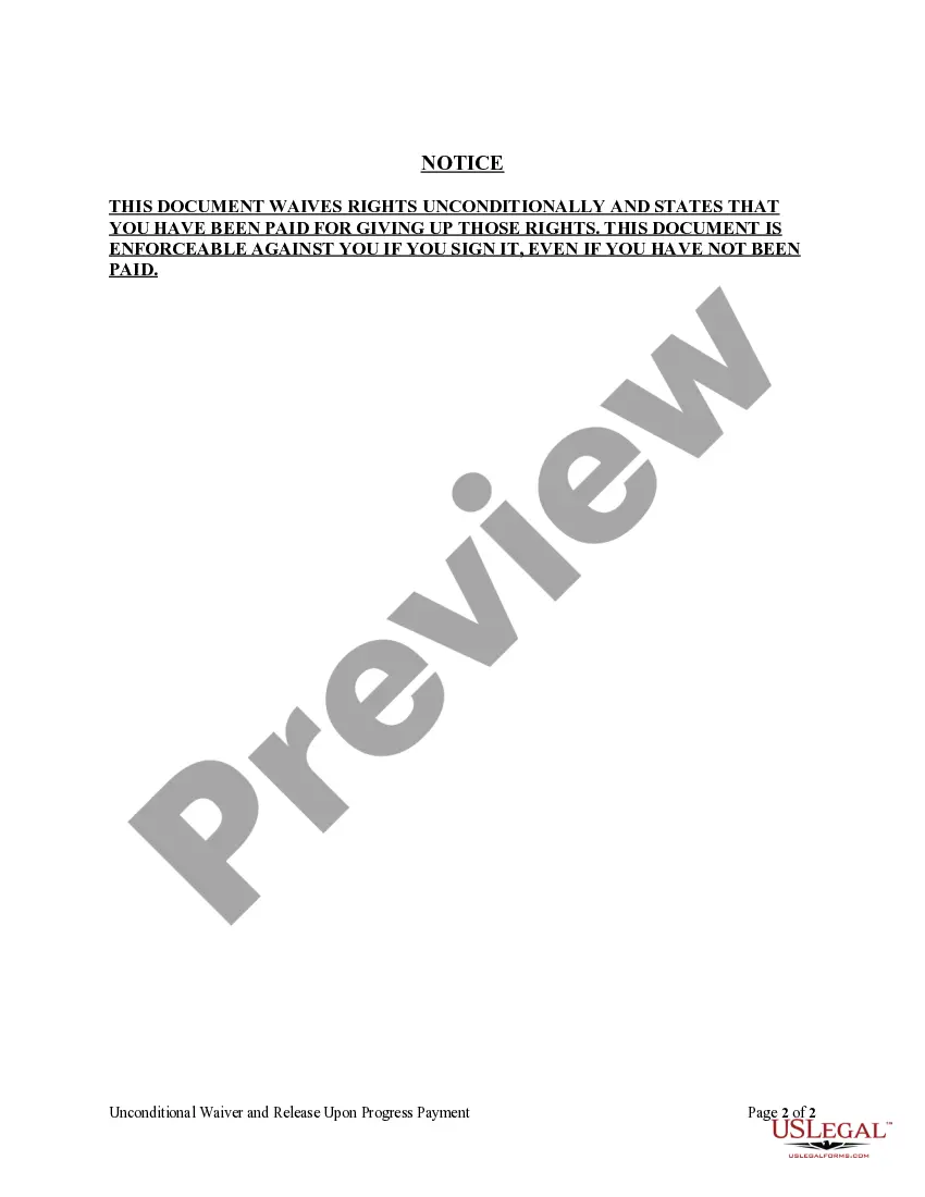 Preview Unconditional Waiver and Release Upon Progress Payment