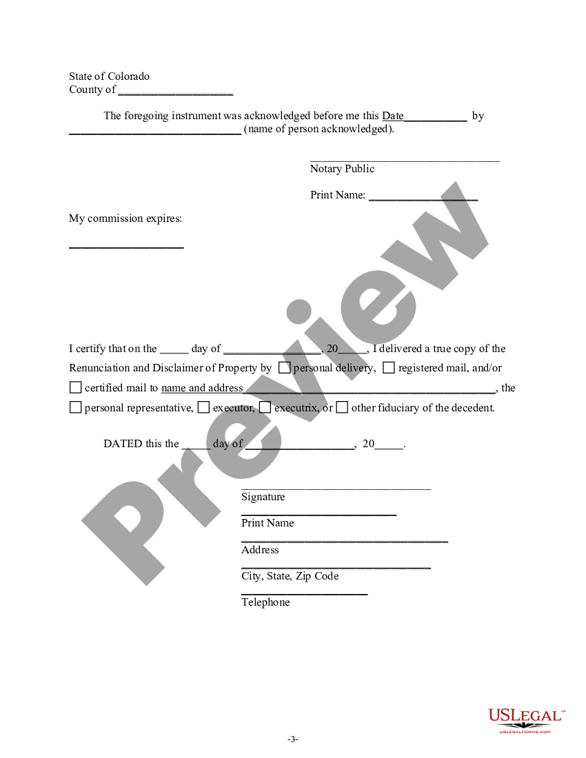 Colorado Renunciation And Disclaimer of Property received by Intestate ...