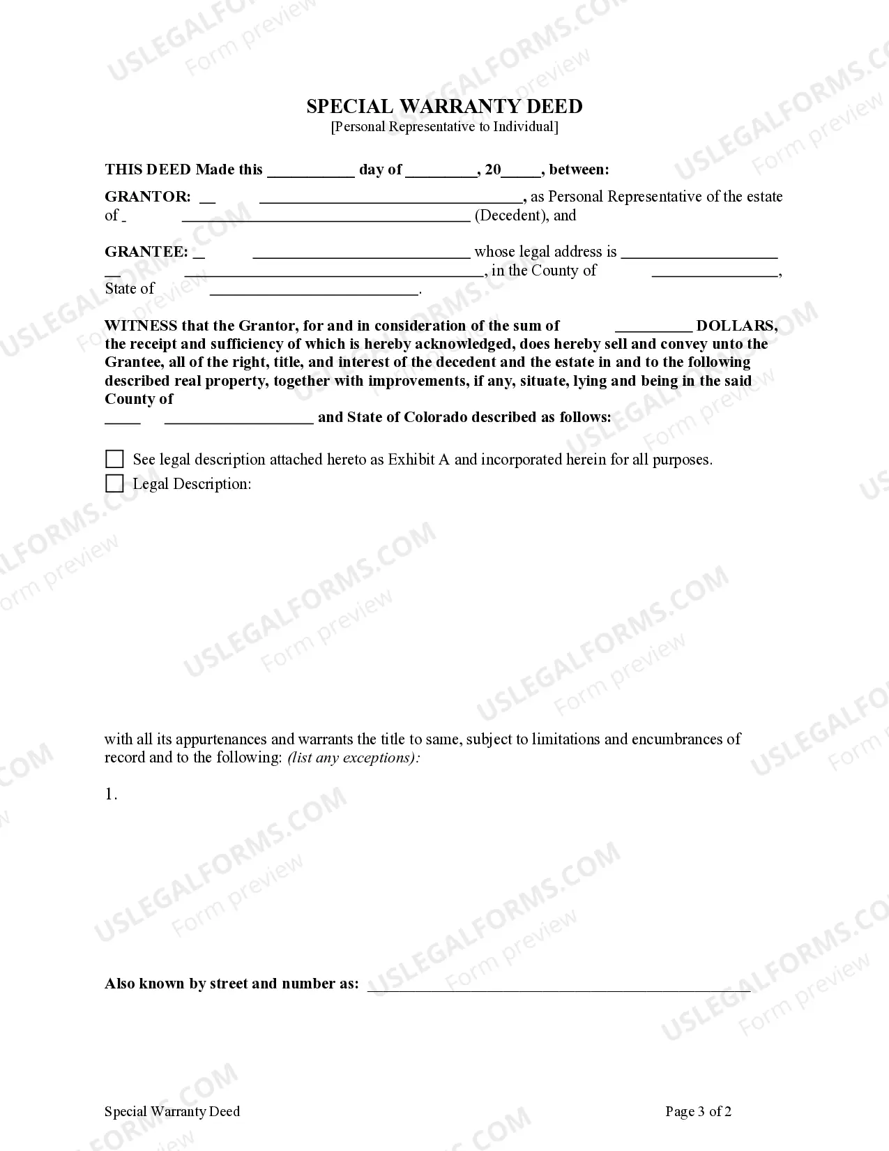 Preview Special Warranty Deed - Personal Representative to Individual