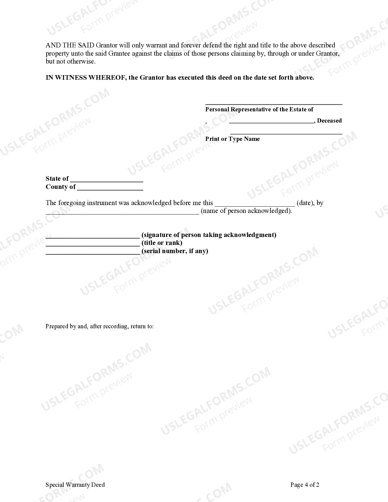 Preview Special Warranty Deed - Personal Representative to Individual