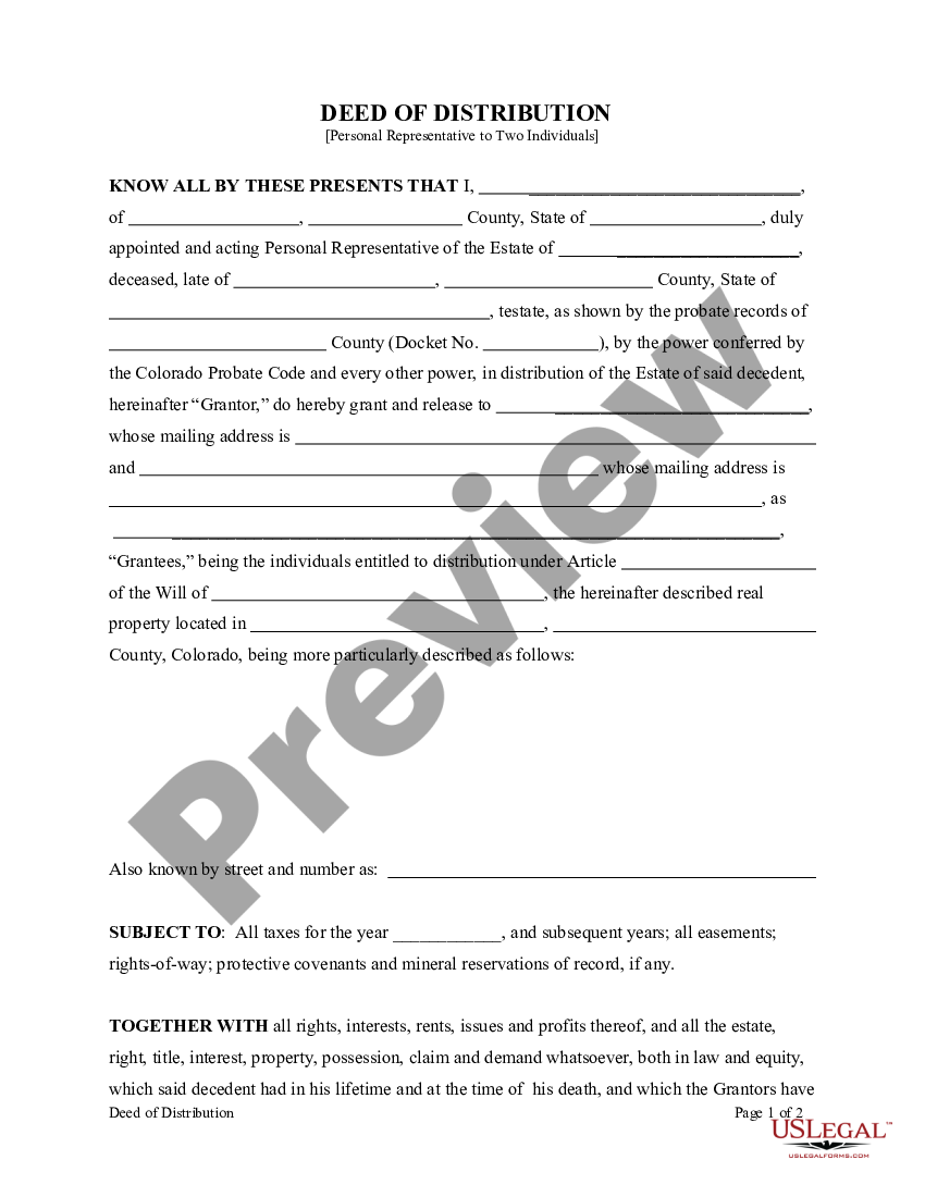 Colorado Deed Of Distribution Personal Representative Deed Colorado Us Legal Forms 