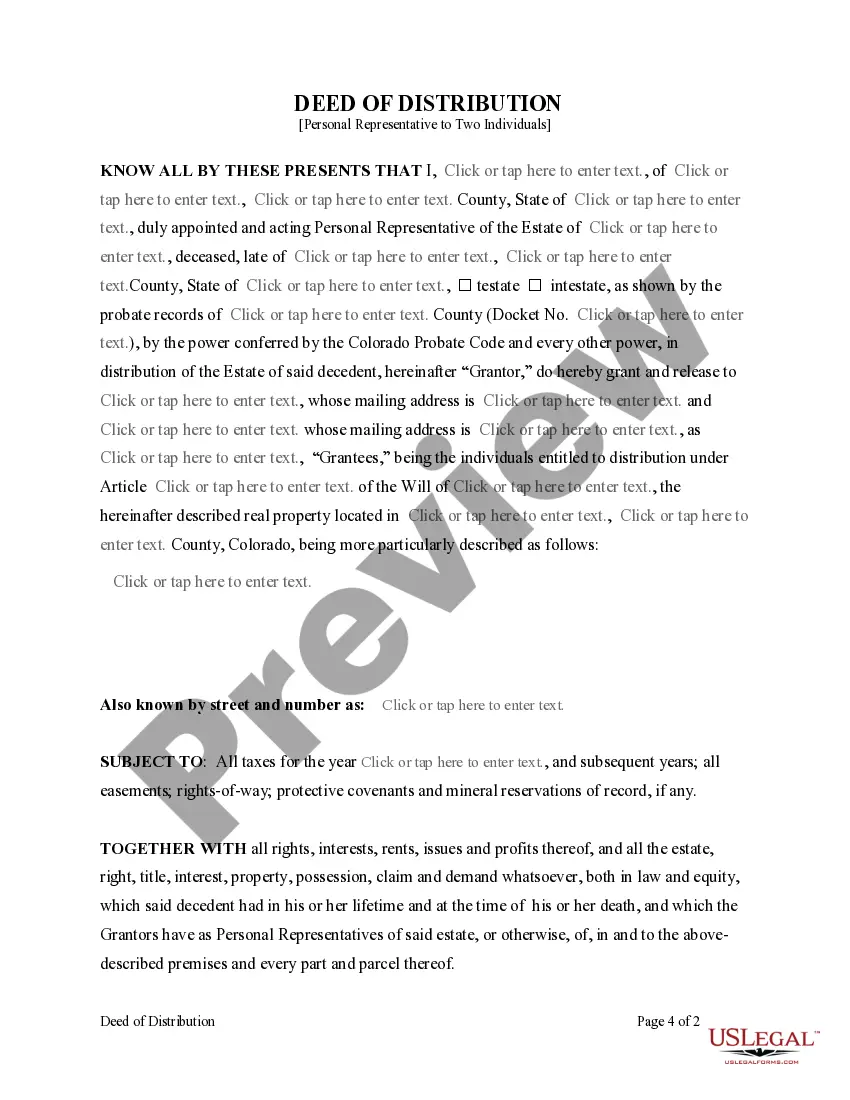 Get Deed of Distribution - Personal Representative to Two Individuals Preview Deed of Distribution - Personal Representative to Two Individuals