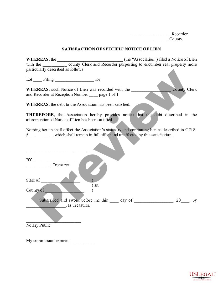 page 1 Satisfaction of Specific Notice of Lien preview