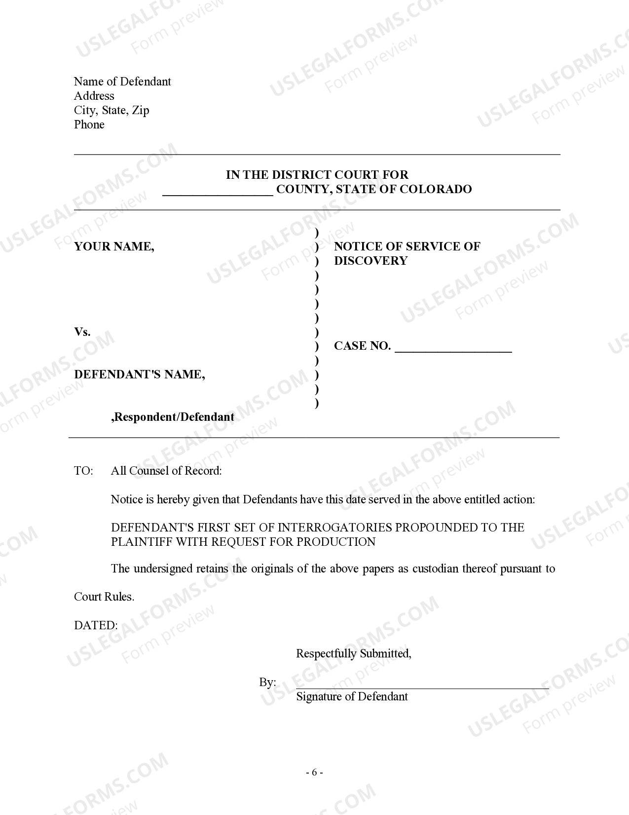 Colorado Discovery Interrogatories from Defendant to