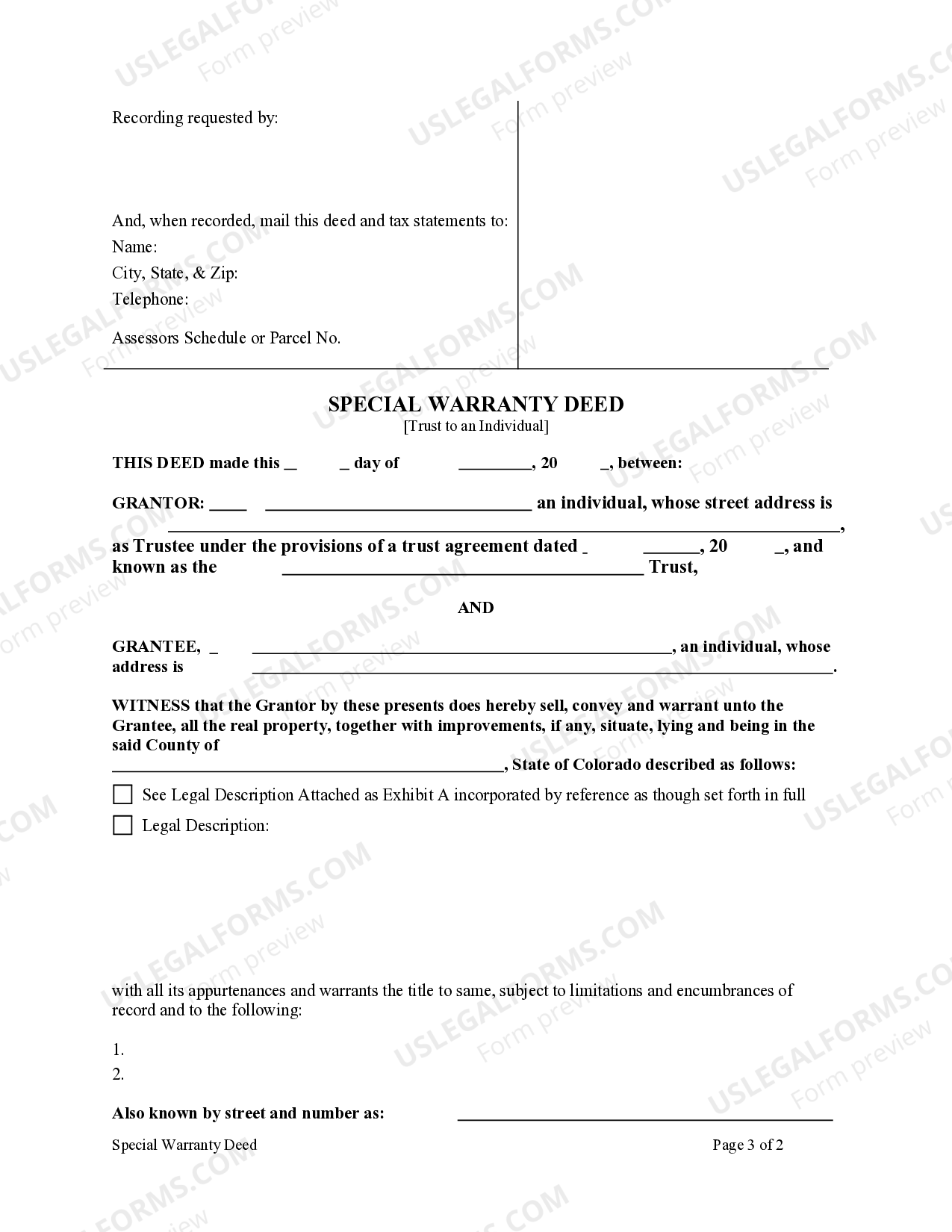 Colorado Special Warranty Deed from a Trust to an Individual Special