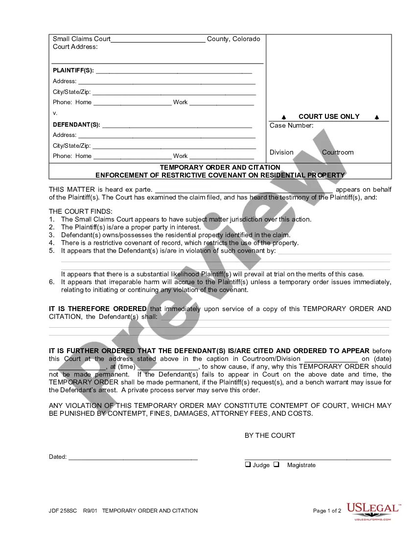 Colorado Temporary Order Enforcement of Restrictive Covenant on Residential Property US