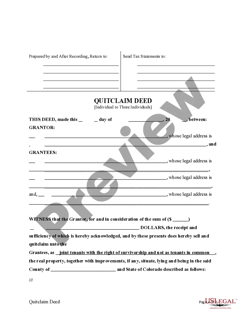 Preview Quitclaim Deed from an Individual to Three Individuals