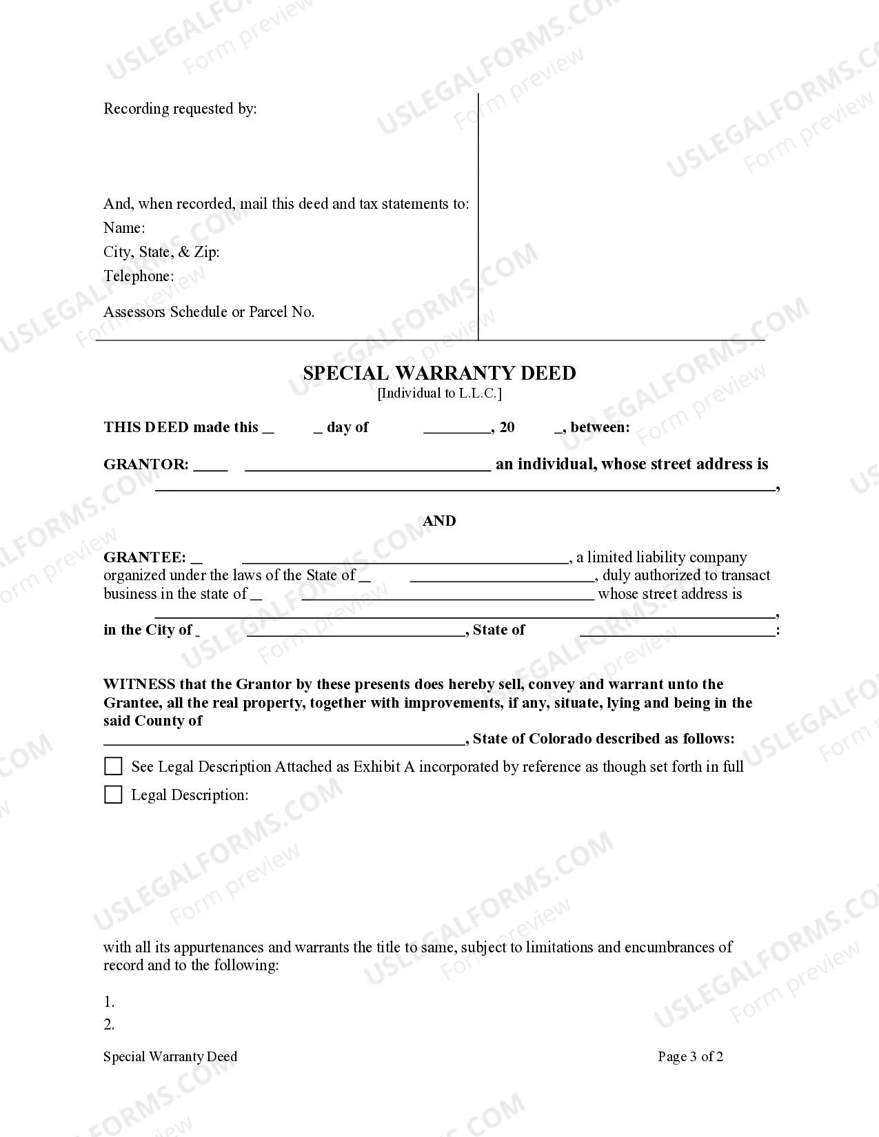 Preview Special Warranty Deed from Individual to a Limited Liability Company