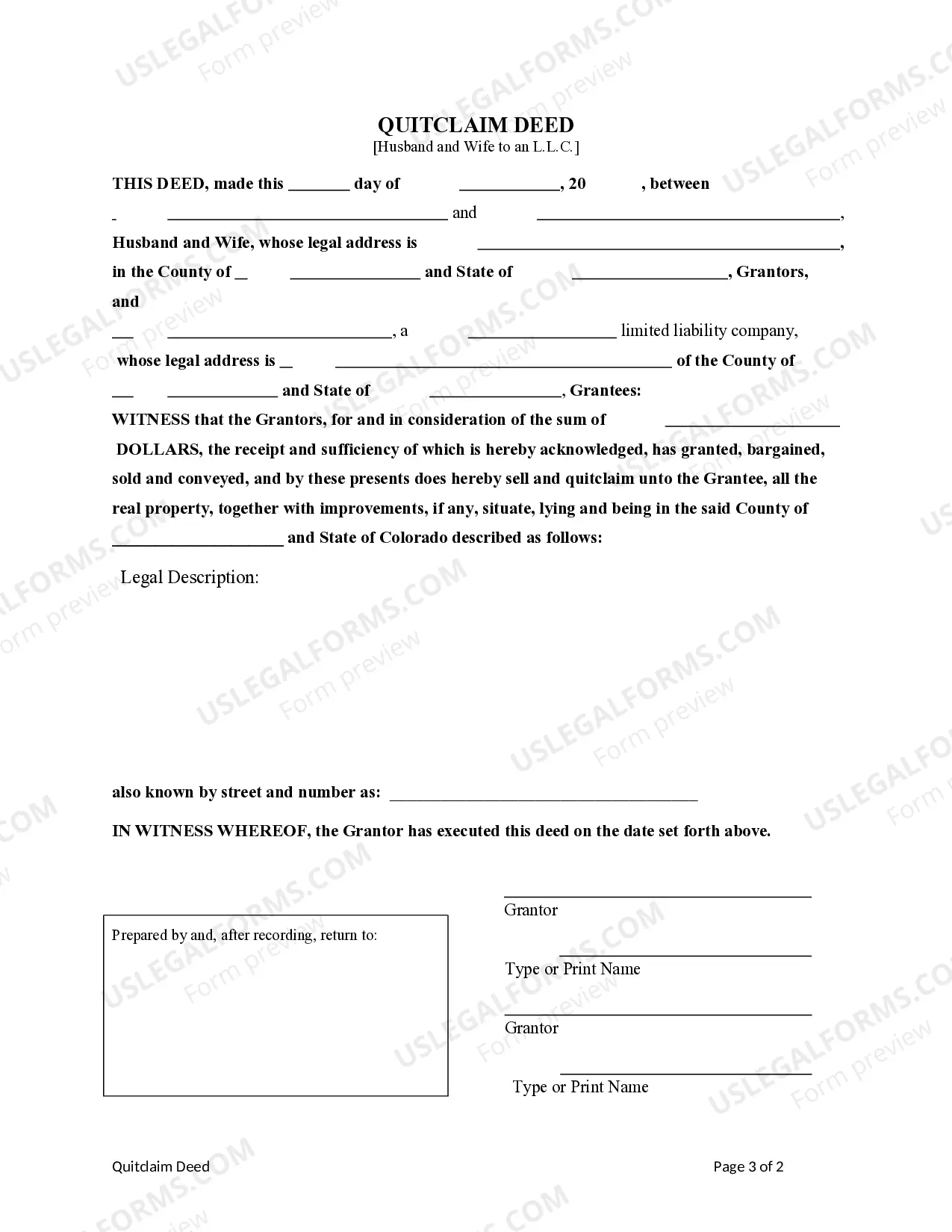 Preview Quitclaim Deed - Husband and Wife to a Limited Liability Company