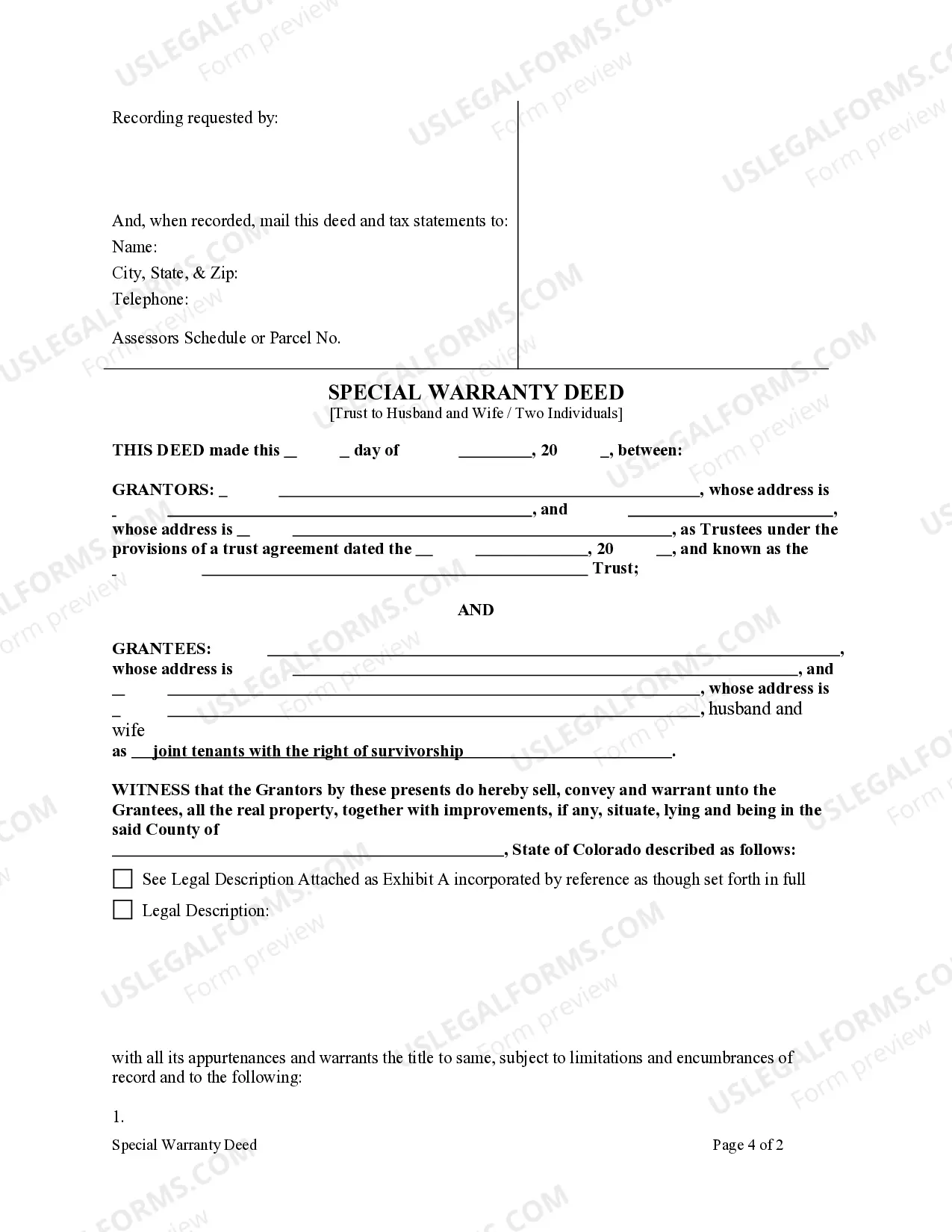 Preview Special Warranty Deed from a Trust (Two Co-Trustees) to Husband and Wife / Two Individuals