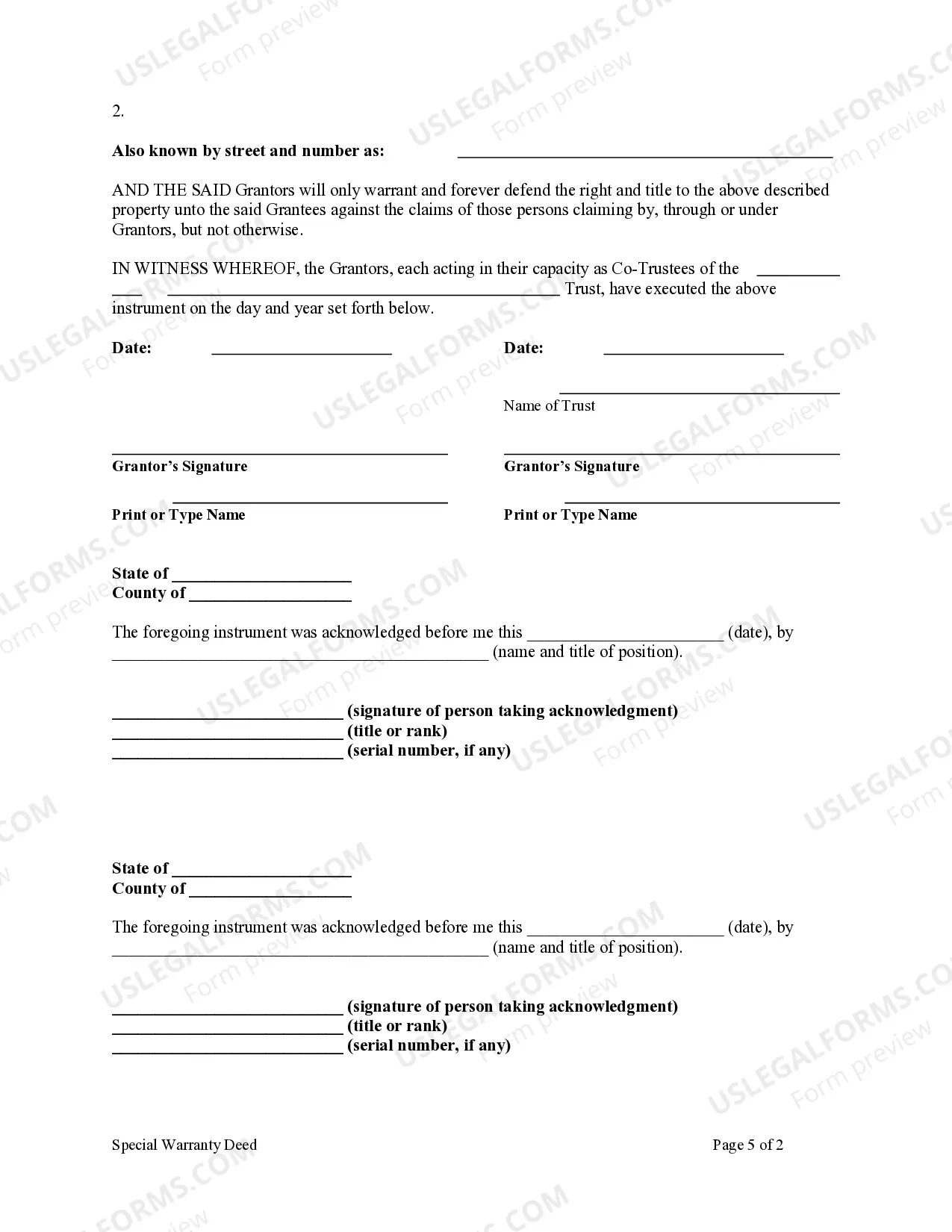 Preview Special Warranty Deed from a Trust (Two Co-Trustees) to Husband and Wife / Two Individuals