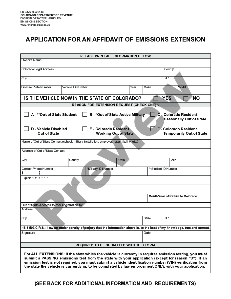 page 0 Application for an Affidavit of Emissions Extension in Colorado preview