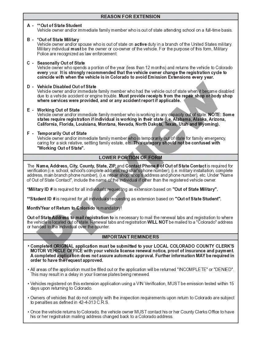 Get Application for an Affidavit of Emissions Extension in Colorado Preview Application for an Affidavit of Emissions Extension in Colorado