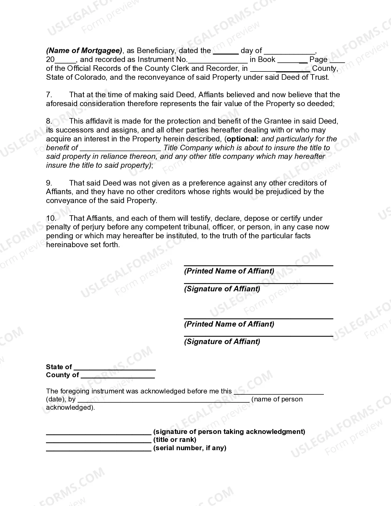 Preview Estoppel Affidavit by Individuals giving Deed-in-Lieu of foreclosure