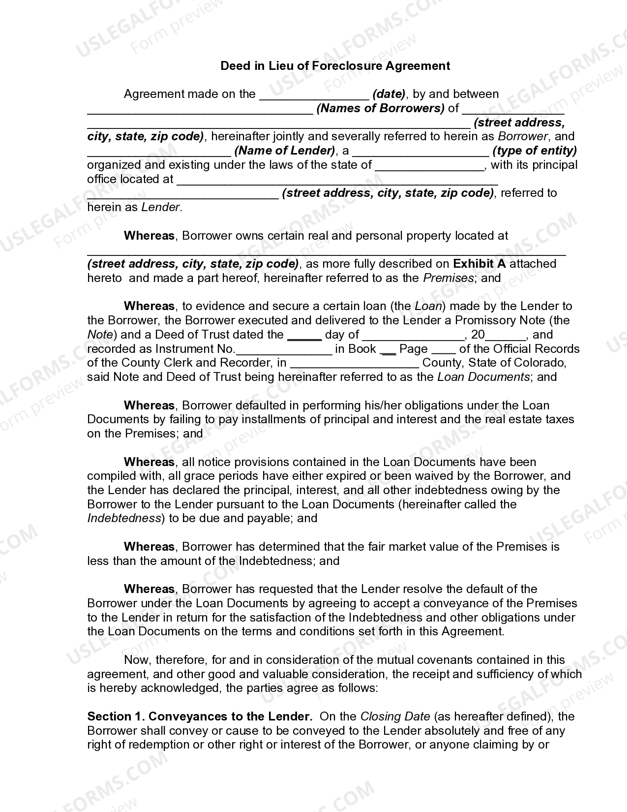 Colorado Springs Colorado Deed in Lieu of Foreclosure Agreement US