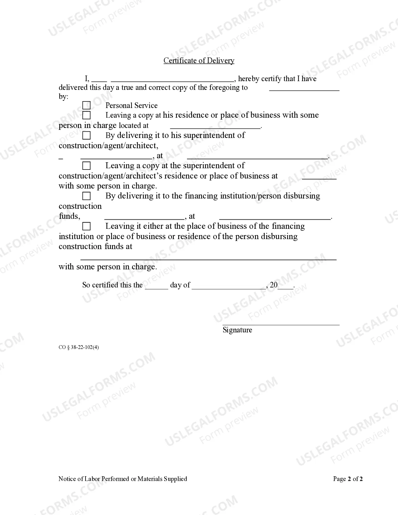Preview Notice of Labor Performed or Material Supplied - Individual
