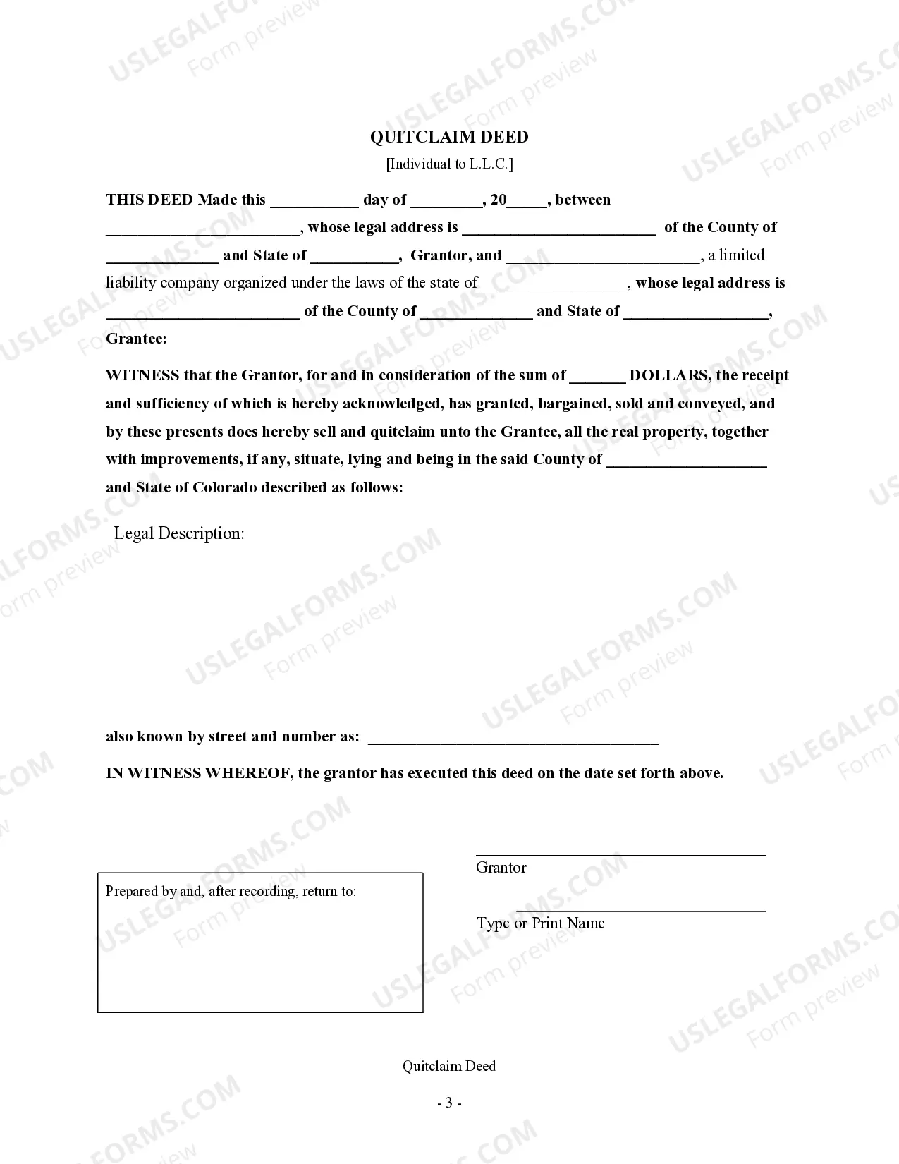 Preview Quitclaim Deed - Individual to Limited Liability Company