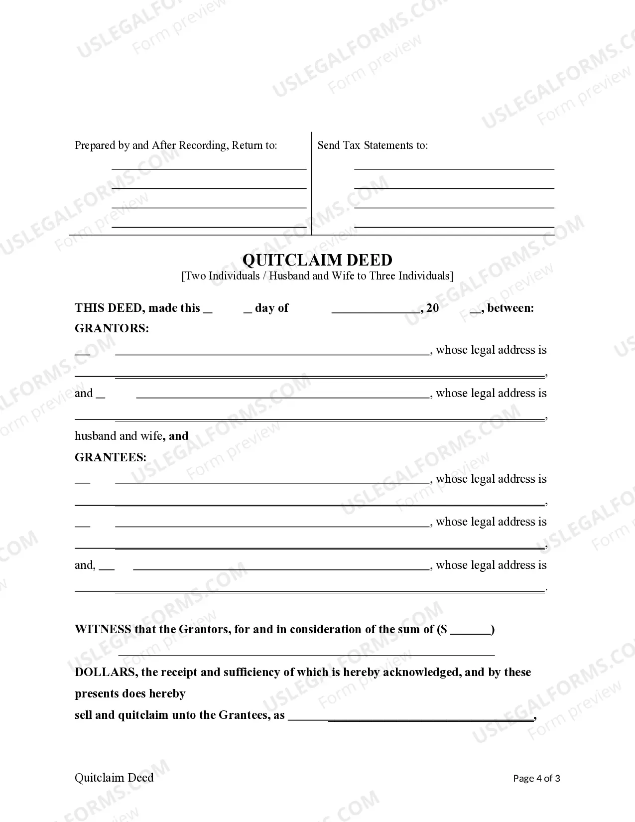 Preview Quitclaim Deed - Husband and Wife / Two Individuals to Three Individuals