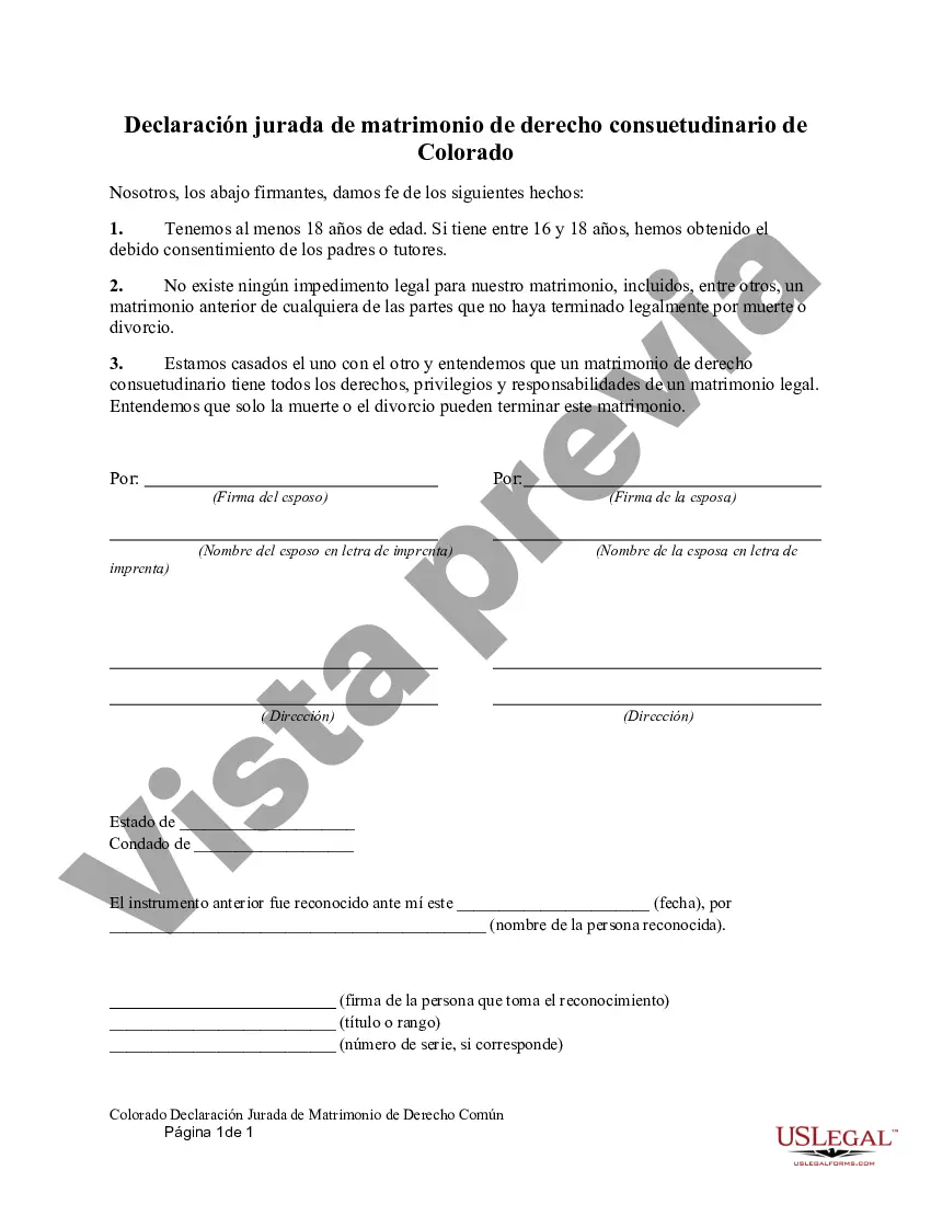 Preview Declaración jurada de matrimonio de derecho consuetudinario de Colorado
