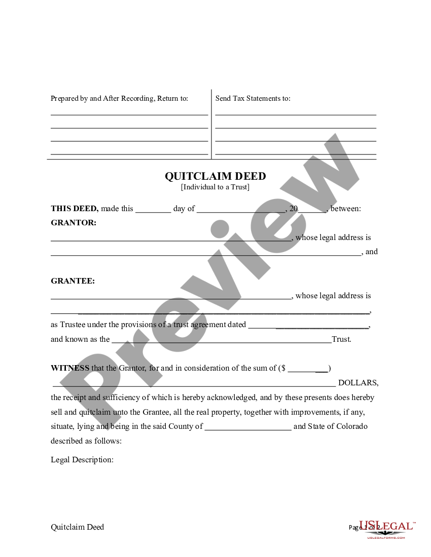 Colorado Quit Claim Deed From An Individual To A Trust Quit Claim Deed Form Colorado Us 0143