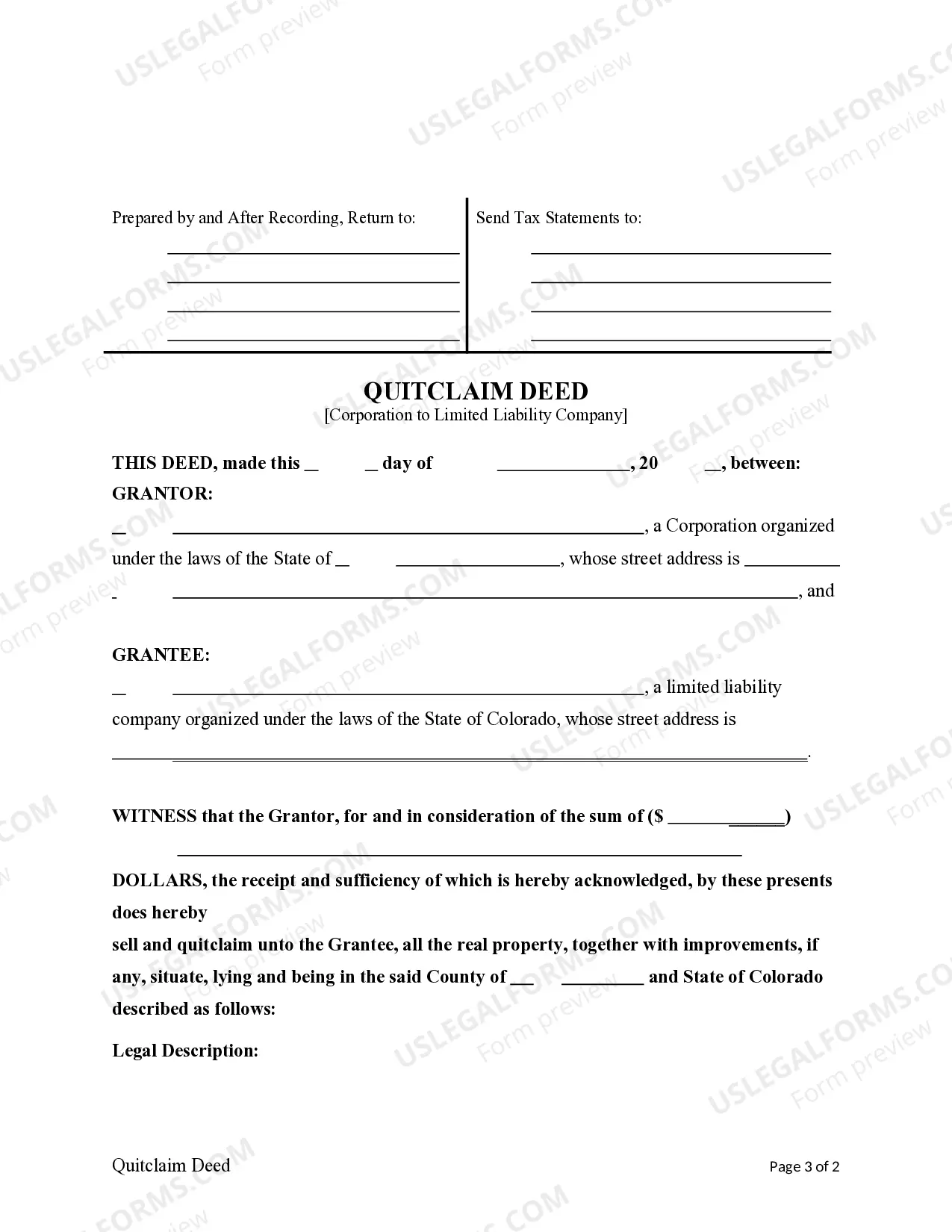 Preview Quitclaim Deed from a Corporation to a Limited Liability Company