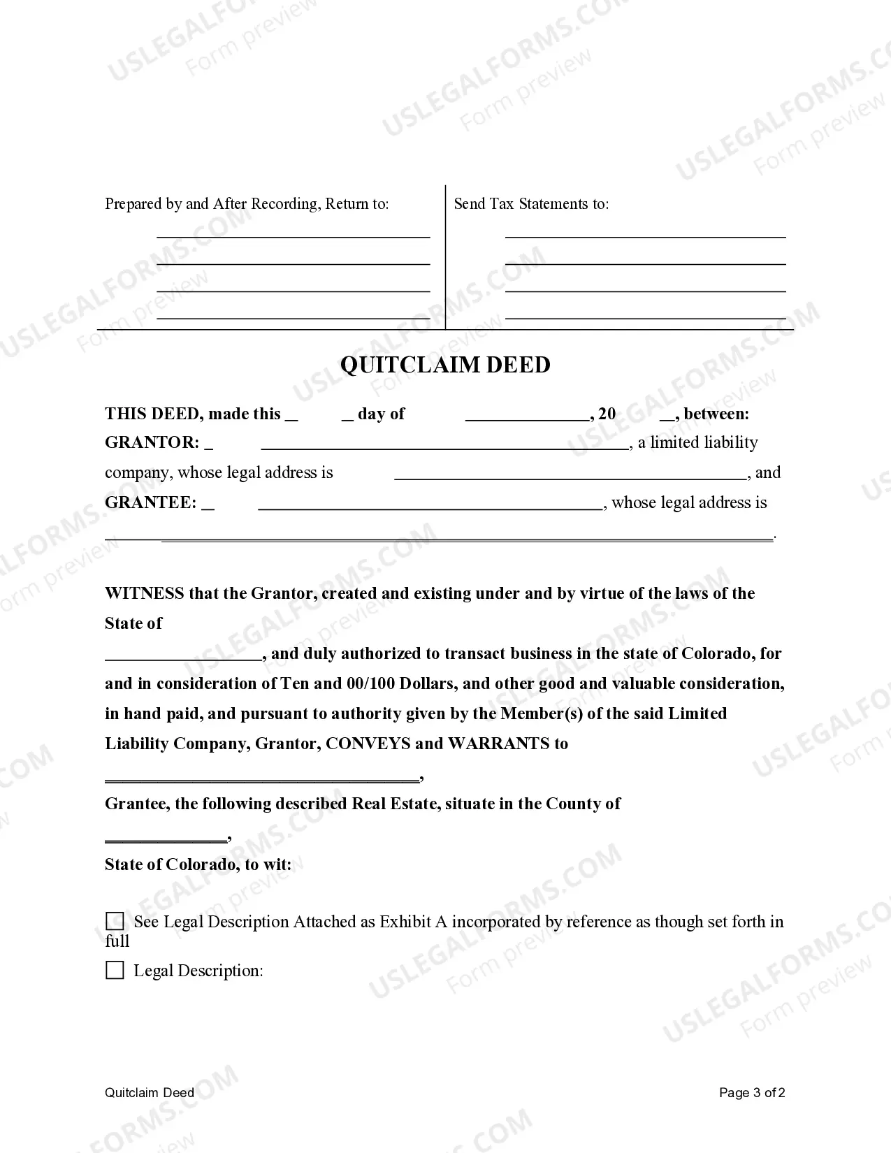 Preview Quitclaim Deed from a Limited Liability Company a Individual.