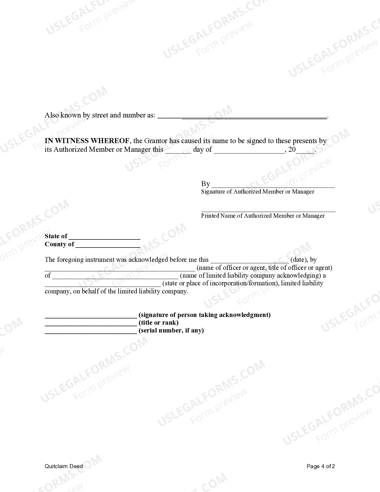 Preview Quitclaim Deed from a Limited Liability Company a Individual.