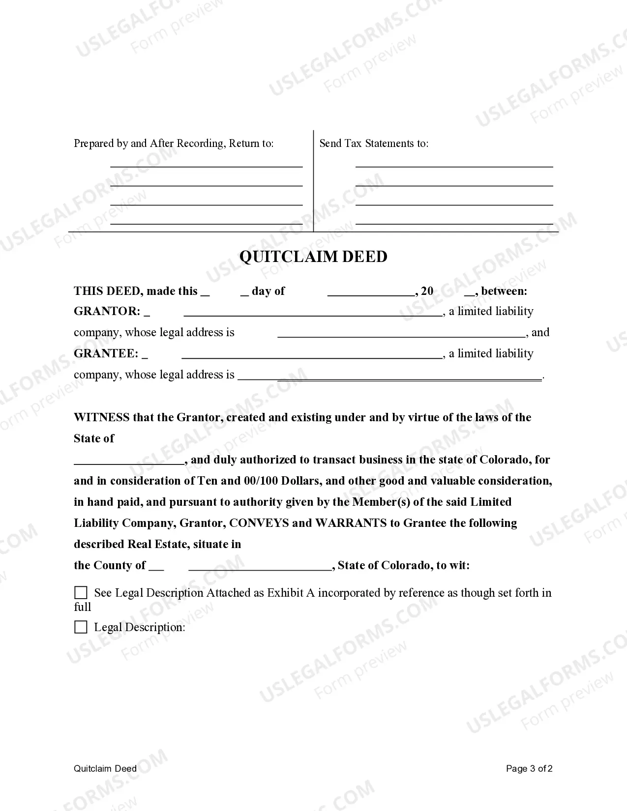 Preview Quitclaim Deed from Limited Liability Company to Limited Liability Company