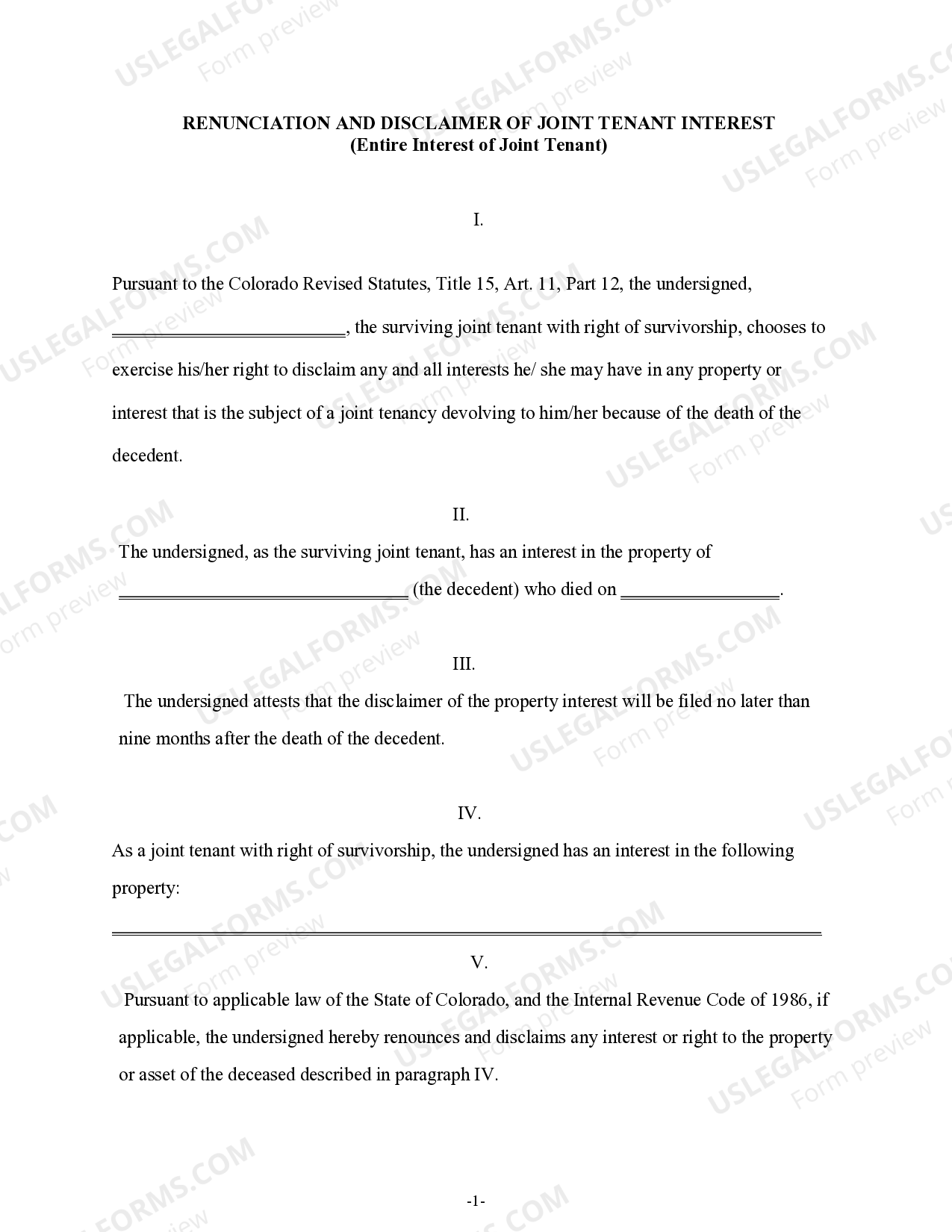 Colorado Renunciation And Disclaimer of Joint Tenant or Tenancy