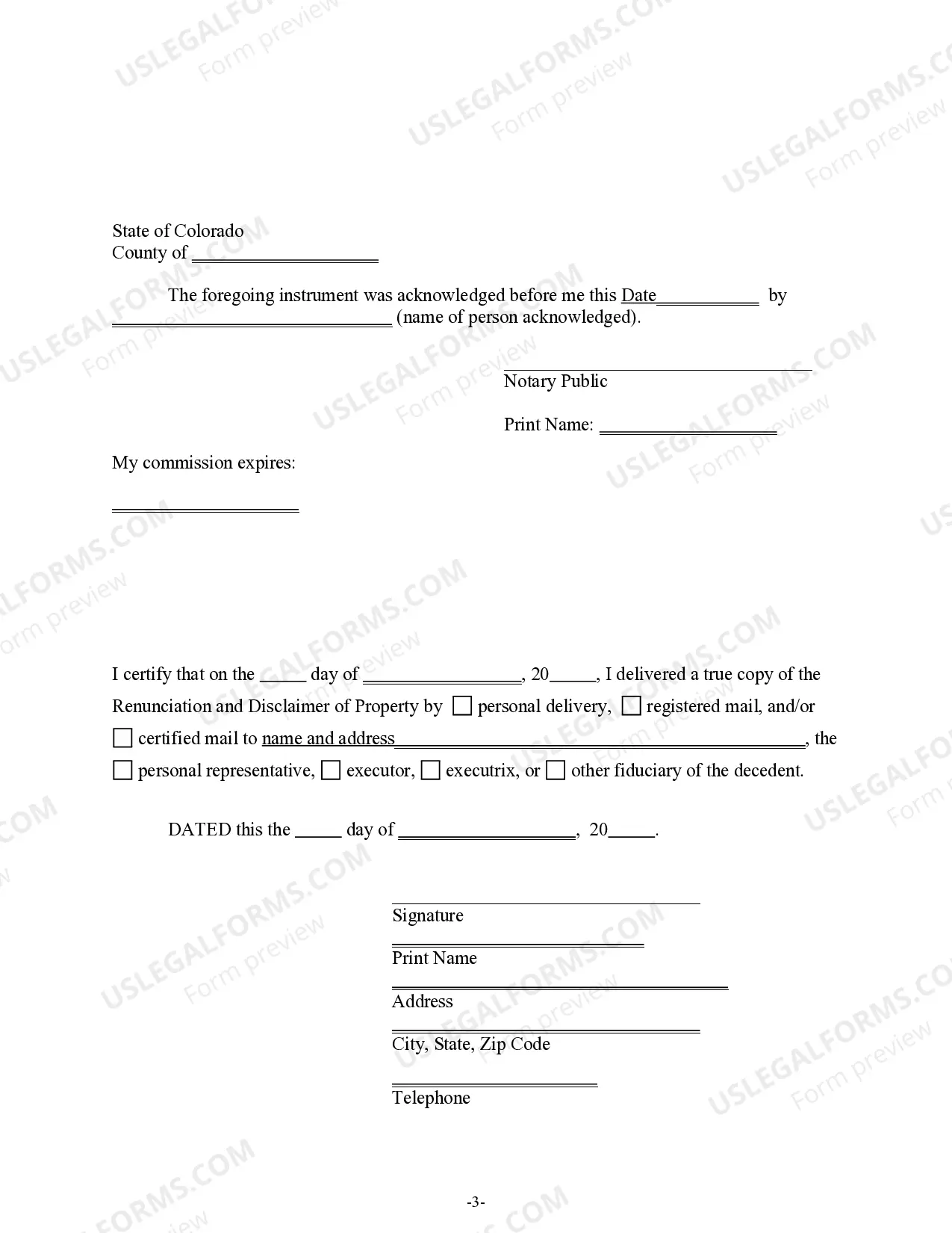 Preview Colorado Renunciation And Disclaimer of Joint Tenant or Tenancy Interest