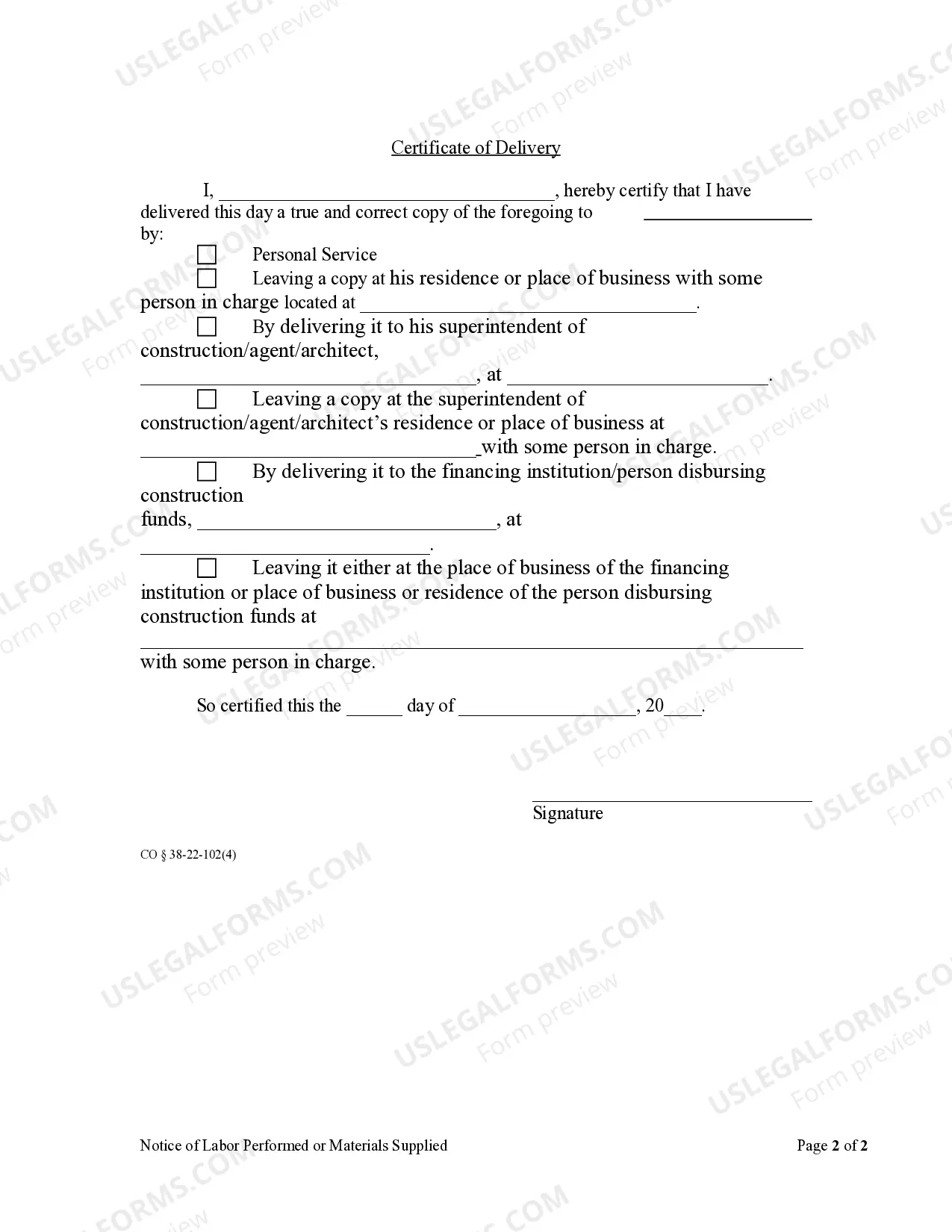 Preview Notice of Labor Performed or Material Supplied by Corporation