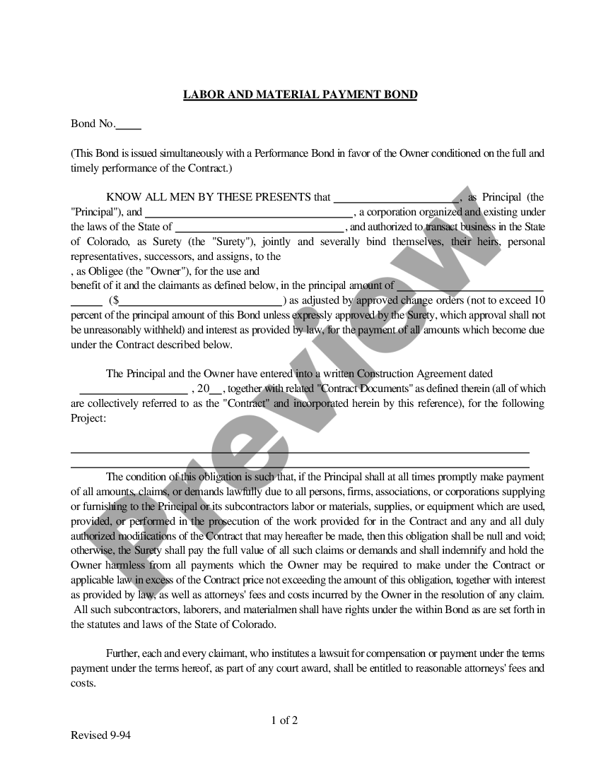 Lakewood Colorado Labor And Material Payment Bond US Legal Forms