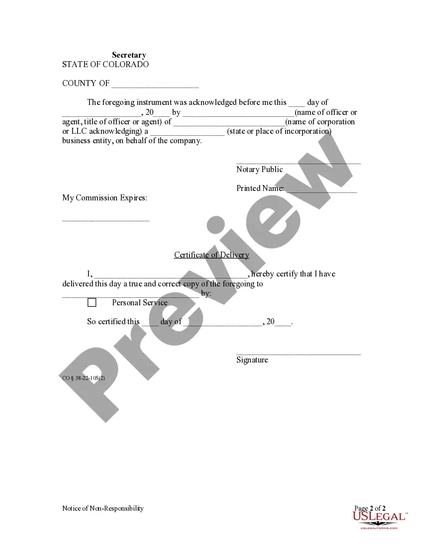 Preview Notice of Nonresponsibility by Corporation