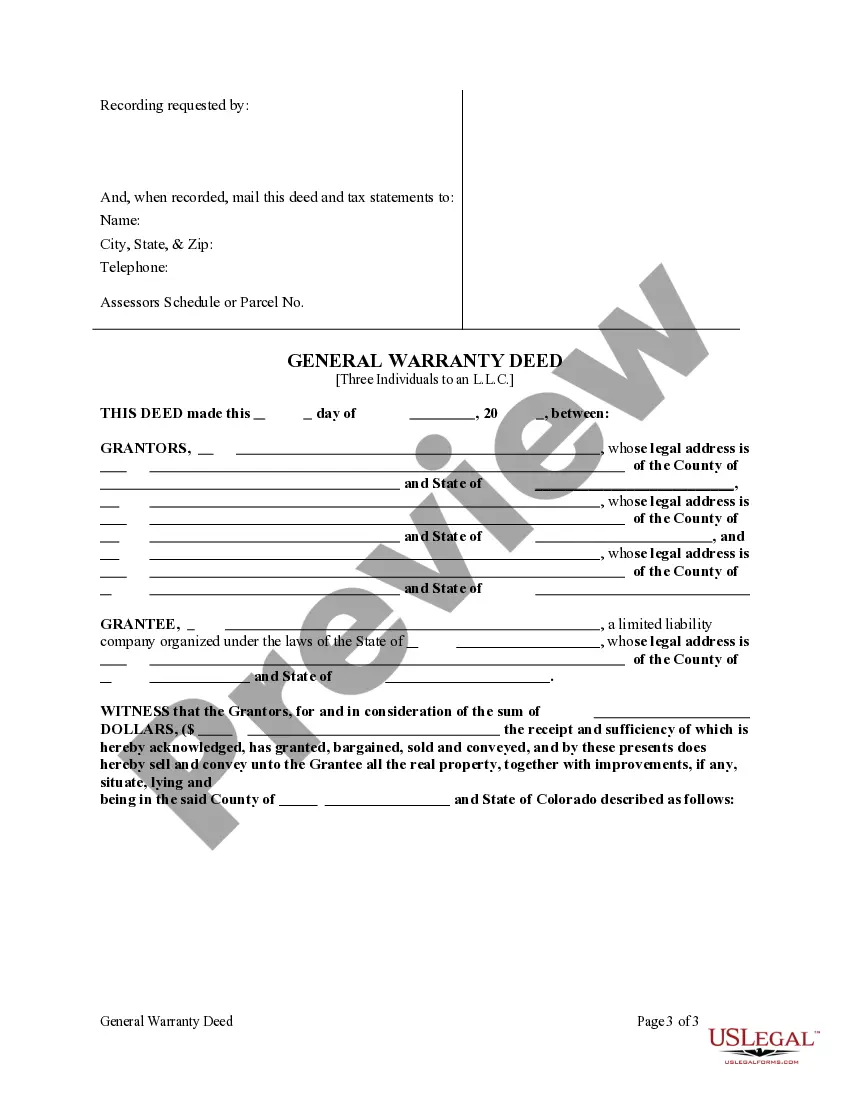 Preview General Warranty Deed - Three Individuals to a Limited Liability Company