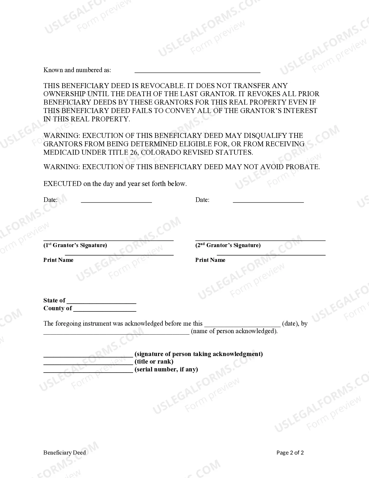 Preview Beneficiary Deed - Husband and Wife / Two Individuals to Two Individual Beneficiaries Without Successor Beneficiaries