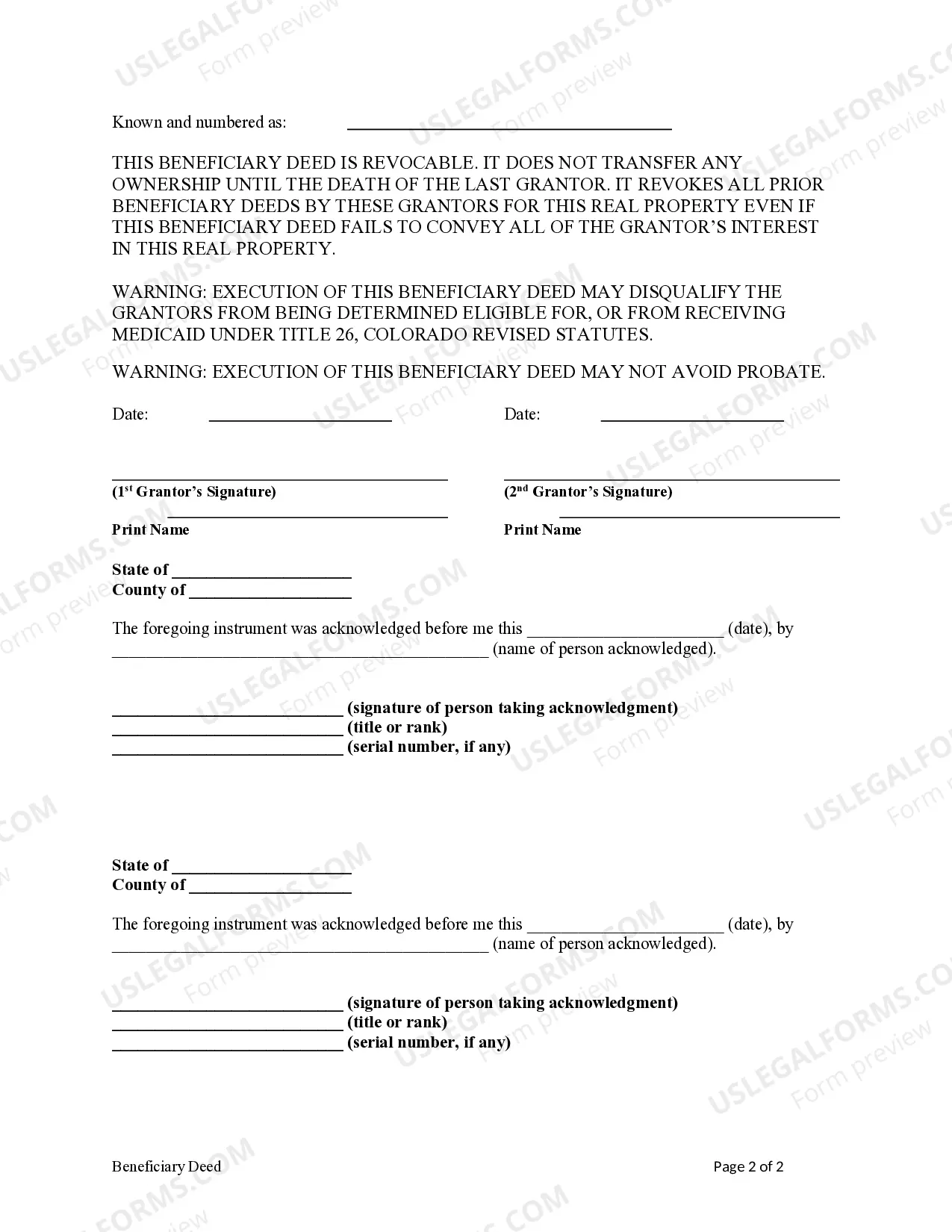 Preview Beneficiary or Transfer on Death Deed from Two Individuals / Husband and Wife to Two Individuals / Husband and Wife.