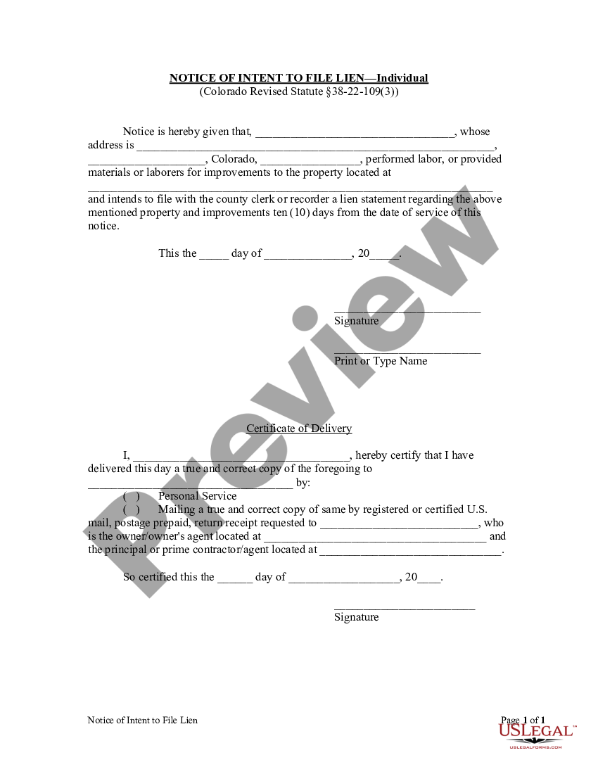 Intent To File Lien Form Colorado Us Legal Forms 7286