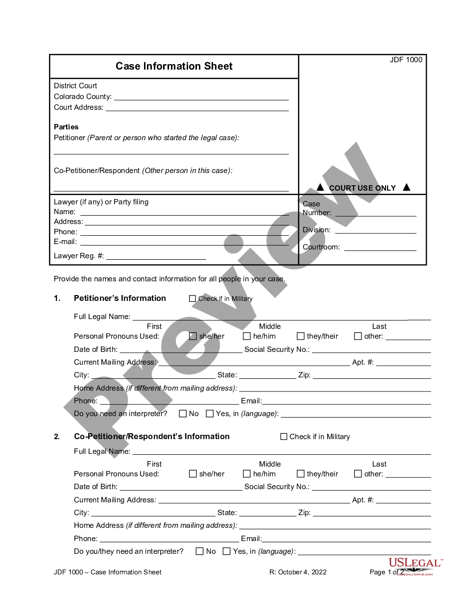 Colorado Domestic Relations Case Information Sheet Colorado Domestic