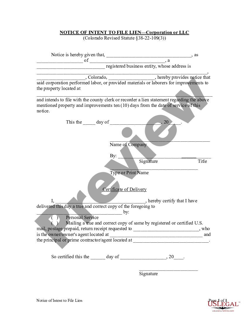 Colorado Notice Of Intent To File Lien By Corporation Or Llc Notice Of Intent To Lien Colorado 0786