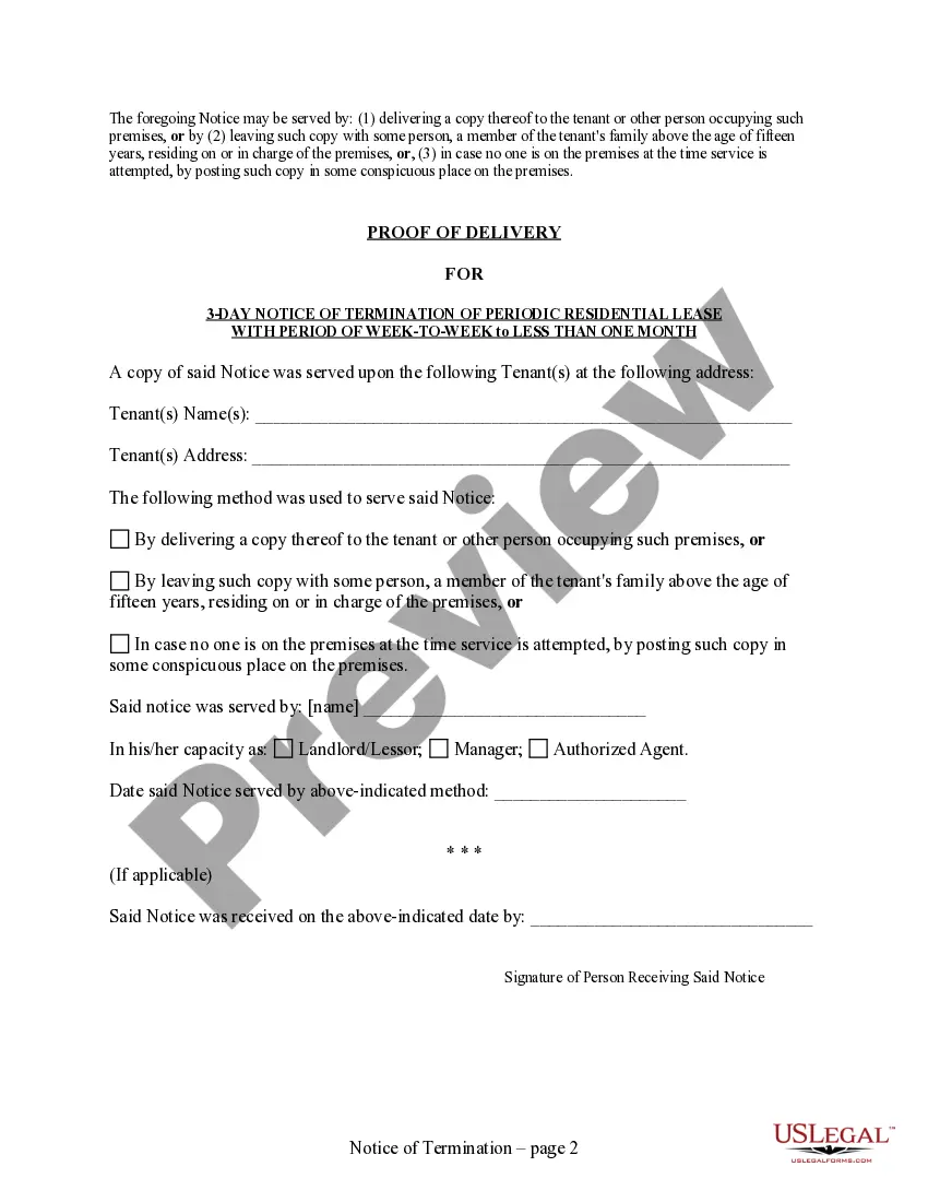 Preview 3 Day Notice to Terminate Lease of One Week to less than One Month for Residential from Landlord to Tenant
