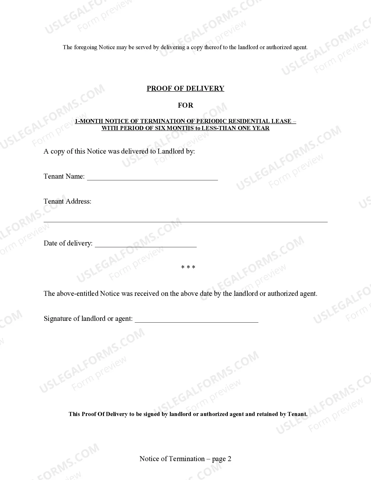 Preview 30 Day Notice to Terminate Lease of Six Months to less than One Year for Residential from Tenant to Landlord