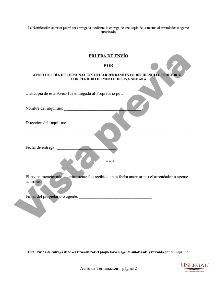 Preview Aviso de 1 día para rescindir el contrato de arrendamiento de menos de una semana para residencial del inquilino al propietario