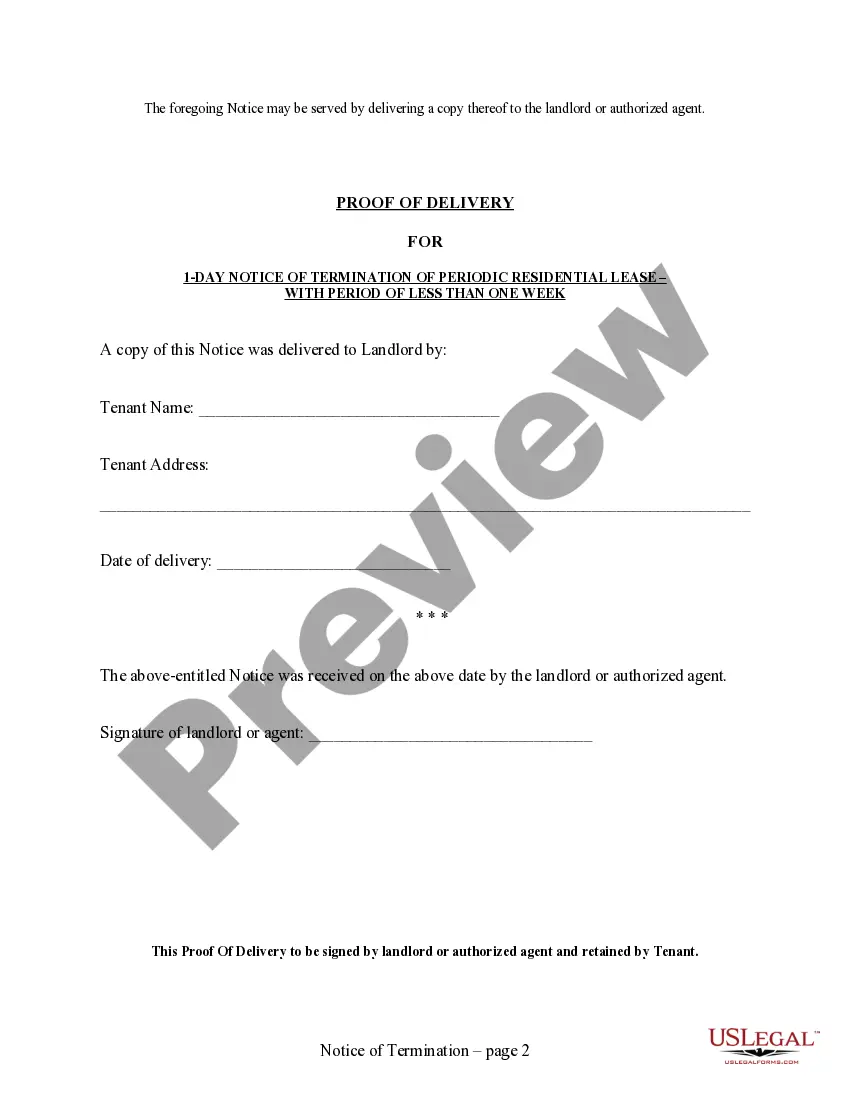 Preview 1 Day Notice to Terminate Lease of Less Than One Week for Residential from Tenant to Landlord