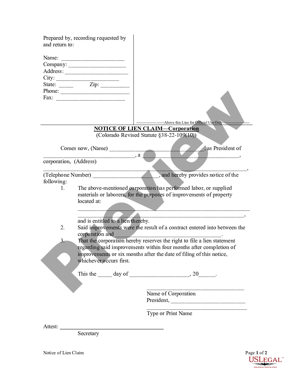 Colorado Springs Colorado Notice Of Lien Claim By Corporation Or Llc Us Legal Forms 2645