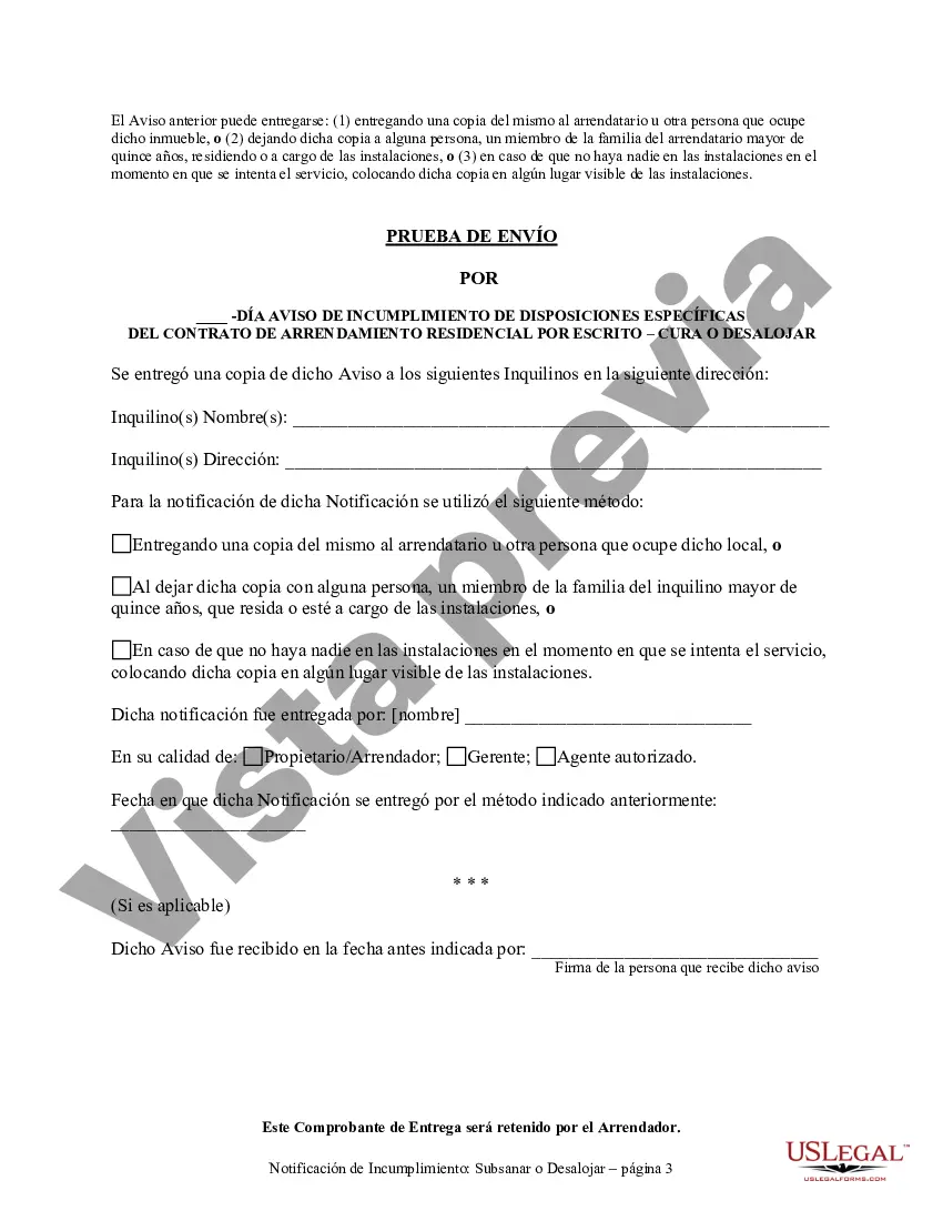 Preview Aviso de incumplimiento de contrato de arrendamiento por escrito por violar disposiciones específicas del contrato de arrendamiento con derecho a subsanación de propiedad residencial del propietario al inquilino
