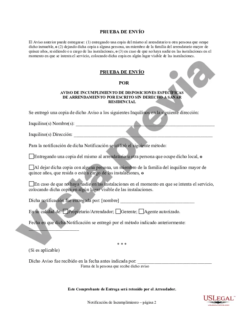 Preview Aviso de incumplimiento del contrato de arrendamiento por escrito por violar disposiciones específicas del contrato de arrendamiento sin derecho a subsanar la propiedad residencial del arrendador al arrendatario
