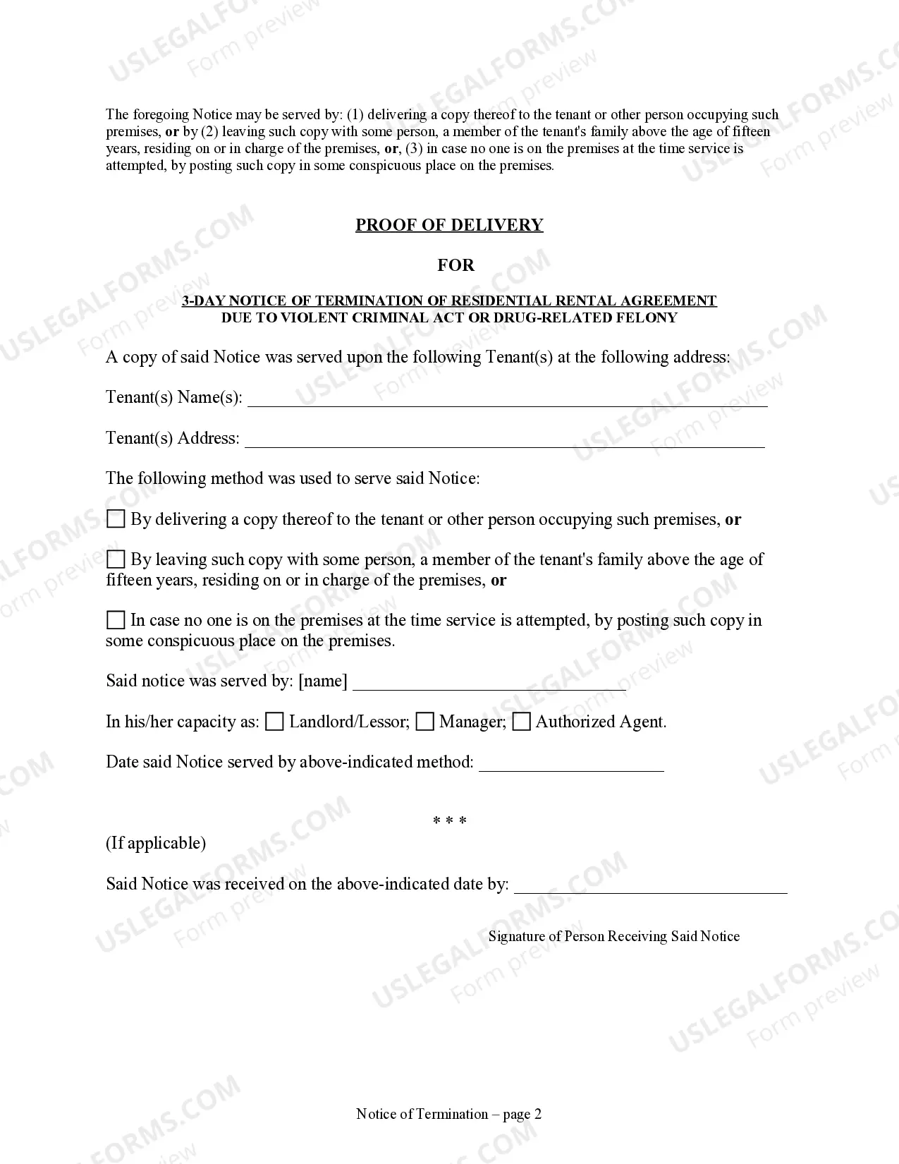 Preview 3-Day Notice of Termination of Residential Rental Agreement Due to Violent Criminal Act or Drug-Related Felony