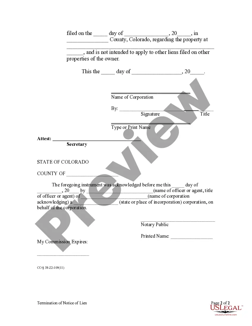 Preview Termination of Notice of Lien by Corporation