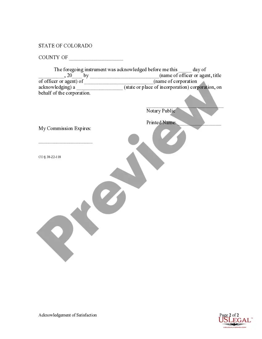 Preview Acknowledgment of Satisfaction of Lien by Corporation
